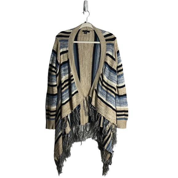 Majora Women's Tan/Blue Striped Open Front Fringed Knit Cardigan - Picture 1 of 10